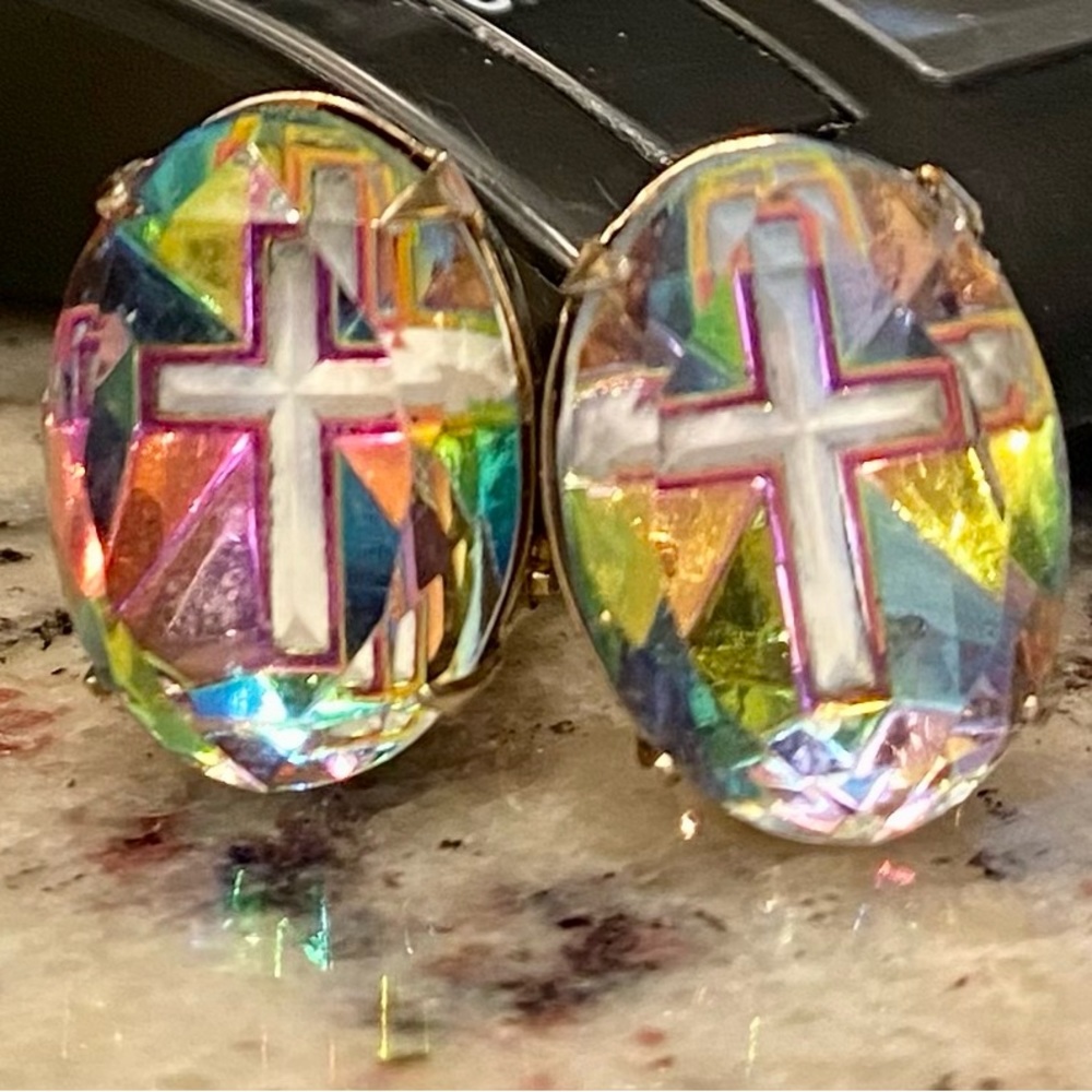 Iridescent Stained Glass Earrings with Cross